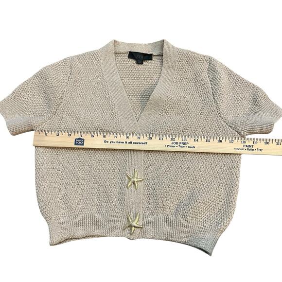 Zara Starfish Button Cardigan XS Tan Short Sleeve Cropped Textured Knit Coastal - Picture 8 of 8